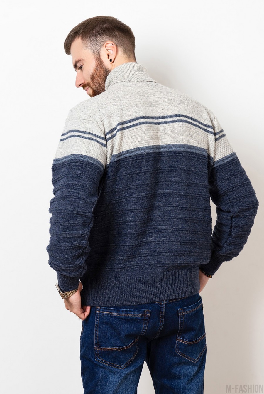 Серо-синий шерстяной свитер с высоким горлом- Фото 3