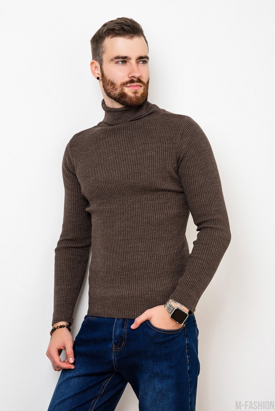 Коричневый шерстяной свитер с высоким горлом- Фото 2