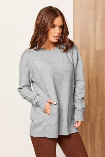 Серый ангоровый свободный свитер с пуговицами