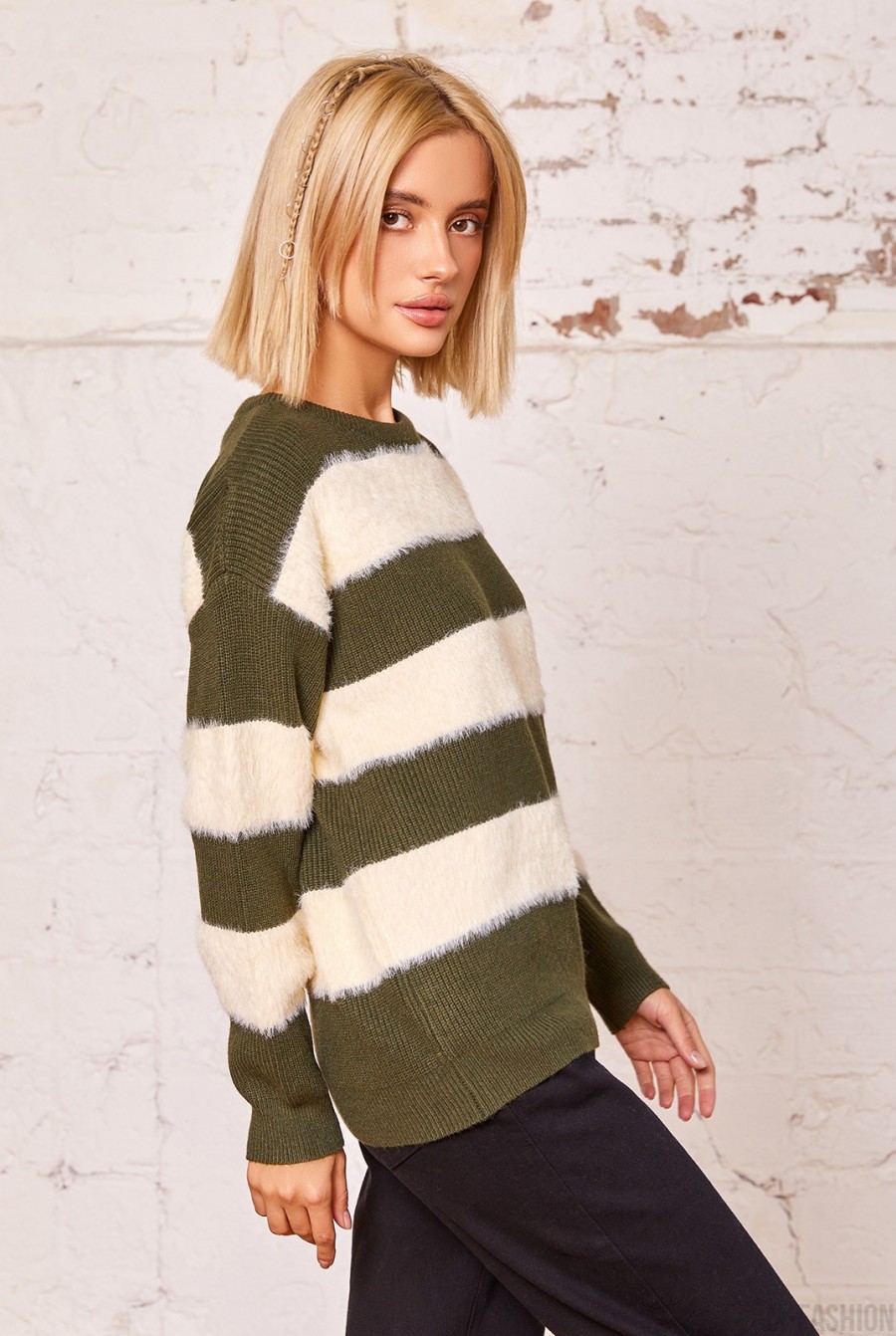 Зелено-белый комбинированный полосатый свитер- Фото 2