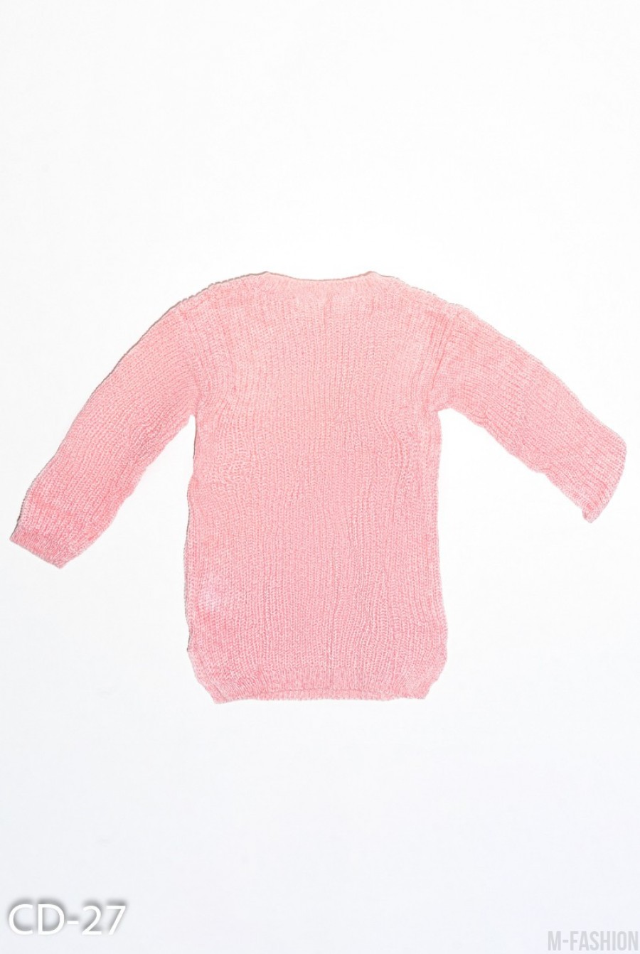 Розовый вязаный свитер с кружевными белыми нашивками- Фото 3