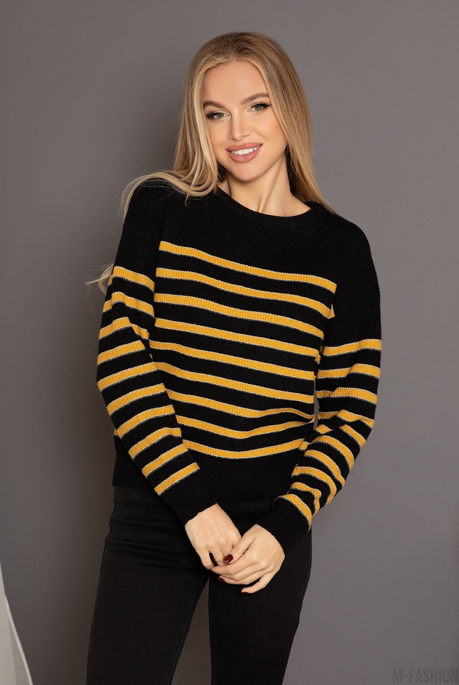 Черно-желтый вязаный полосатый свитер с люрексом - Фото 1