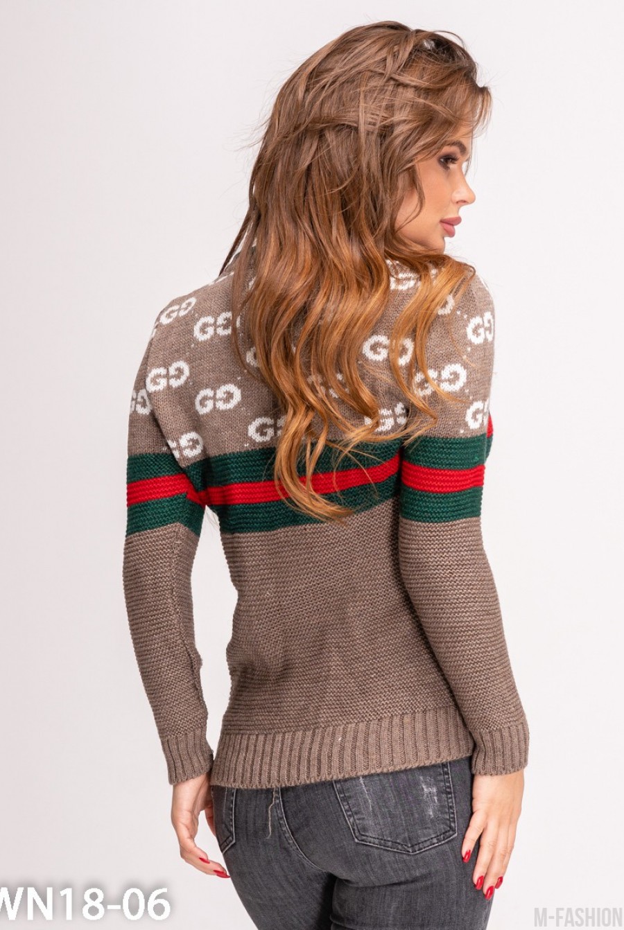 Шерстяной коричневый свитер с лого и полосатыми вставками- Фото 3