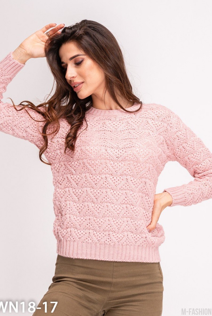 Розовый ажурный шерстяной свитер - Фото 1
