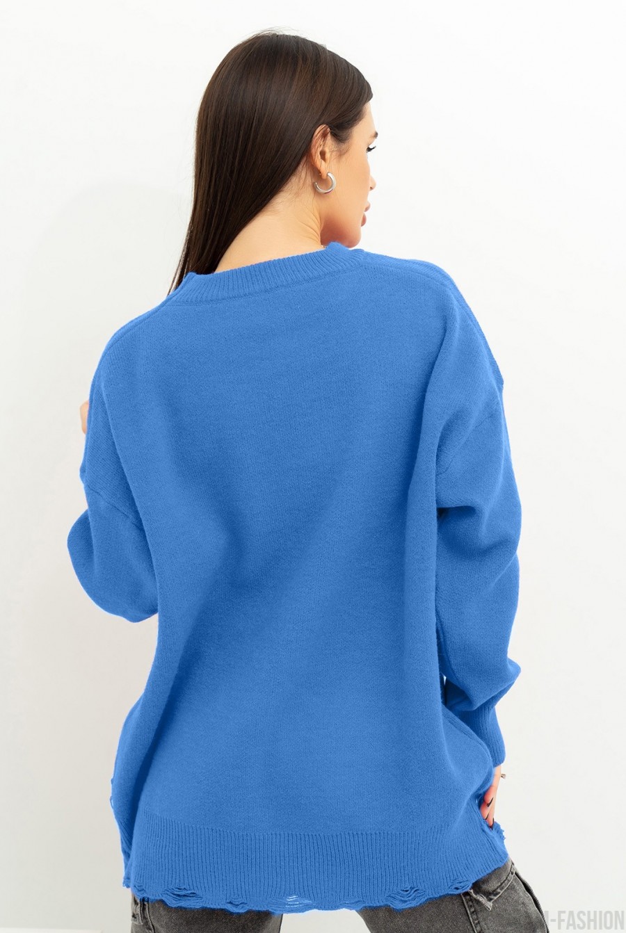 Синий свободный свитер с перфорацией- Фото 3