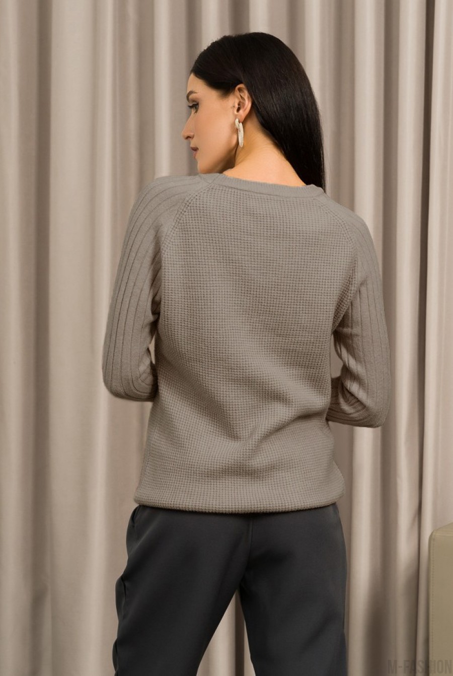 Коричневый ангоровый свитер комбинированной вязки- Фото 3