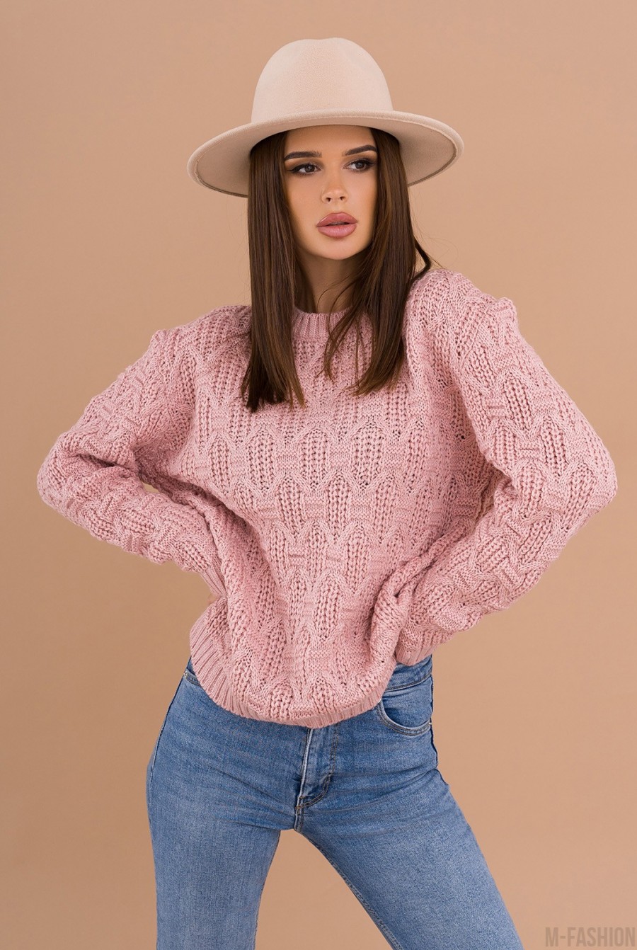 Розовый шерстяной свитер с комбинированным узором - Фото 1