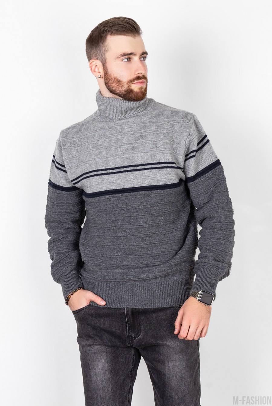 Серый шерстяной свитер с высоким горлом - Фото 1