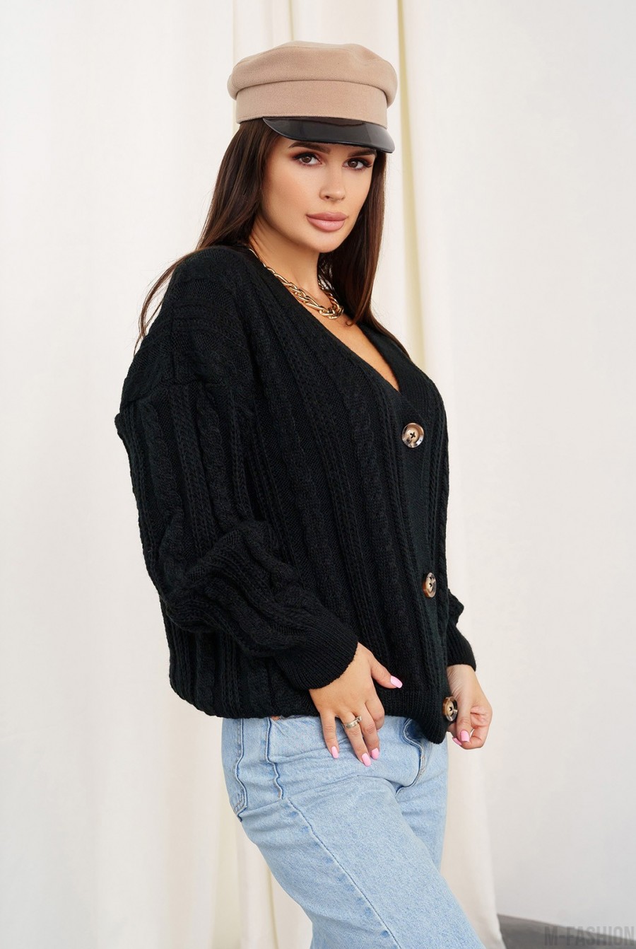 Черный вязаный свитер на пуговицах- Фото 2
