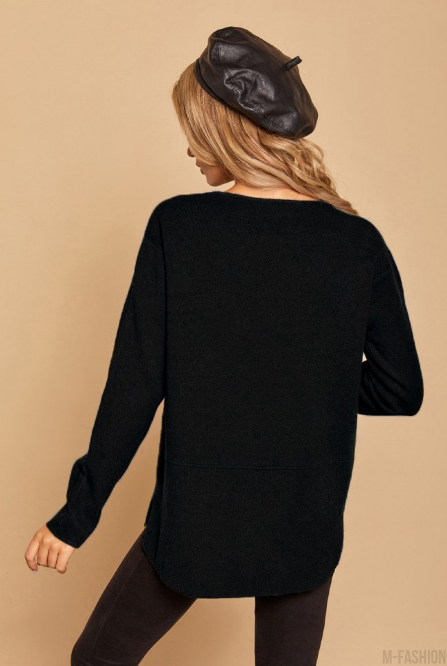 Черный асимметричный свитер с карманами- Фото 3