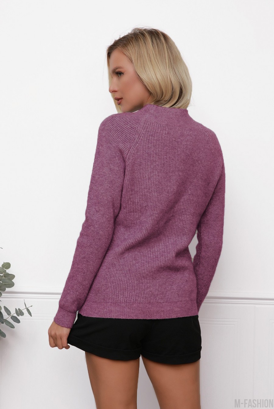 Сиреневый шерстяной свитер фактурной вязки- Фото 3