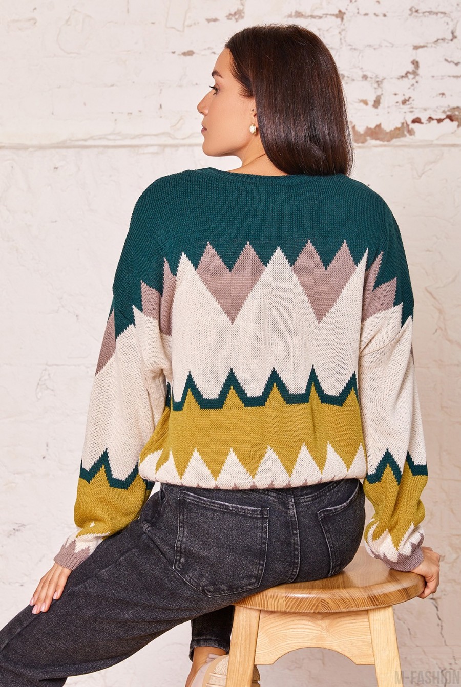 Зеленый шерстяной свитер с геометрическим узором- Фото 3
