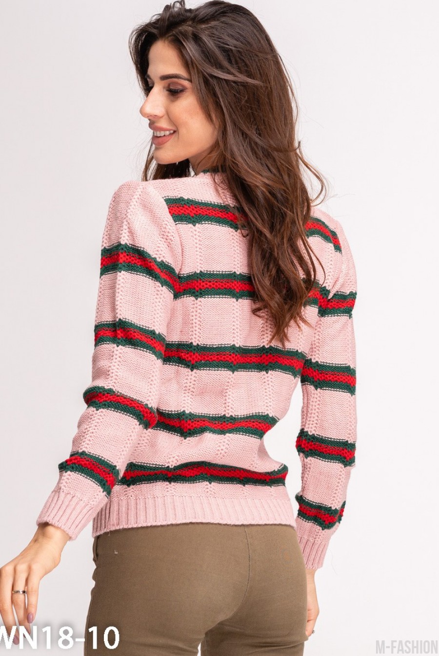 Розовый вязаный свитер с красно-зелеными полосками- Фото 5