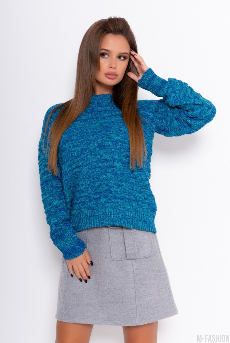 Зелено-синий свитер с клетчатым узором вязки- Фото 2