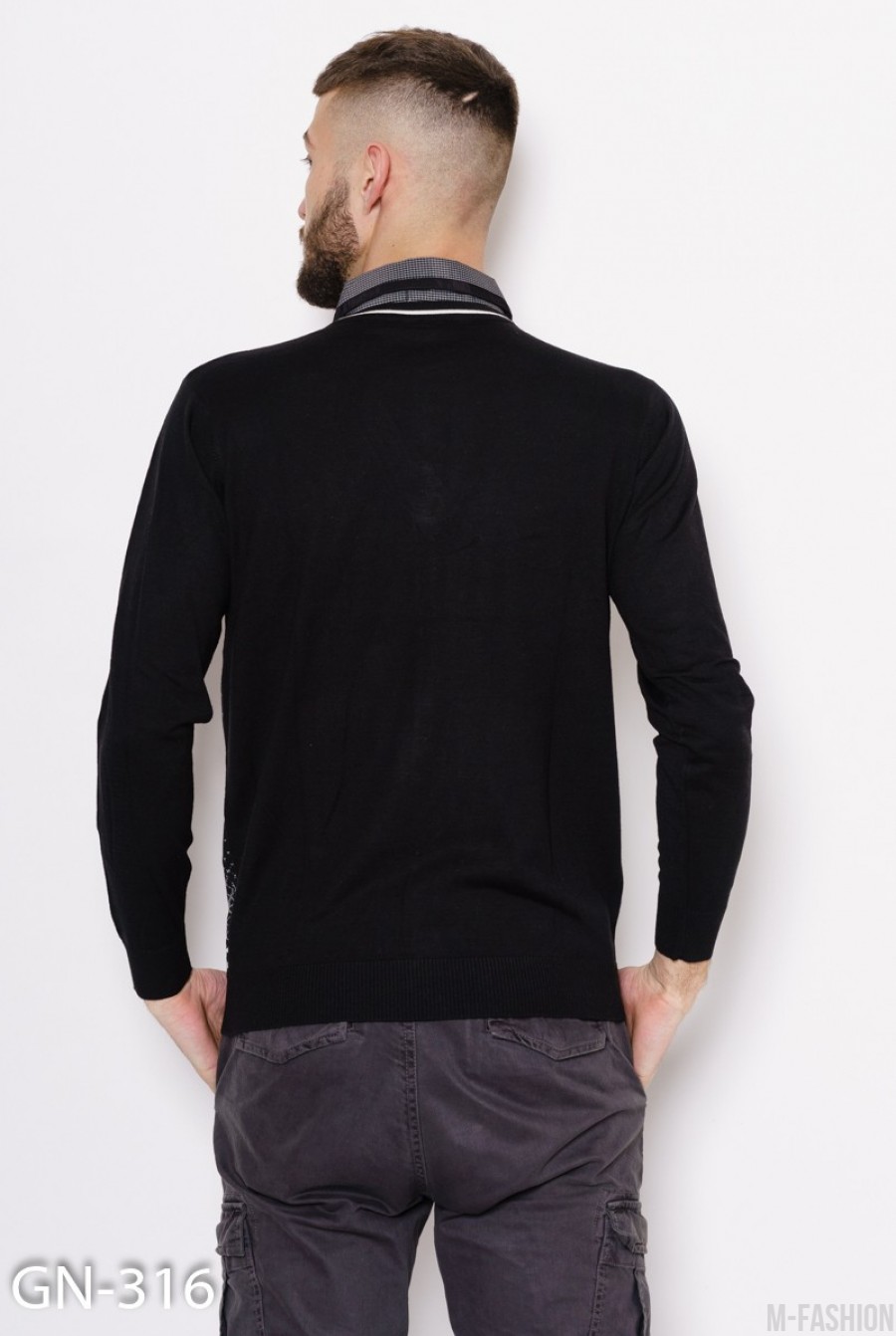 Черный комбинированный свитер с белым декором и коттоновым воротником- Фото 3