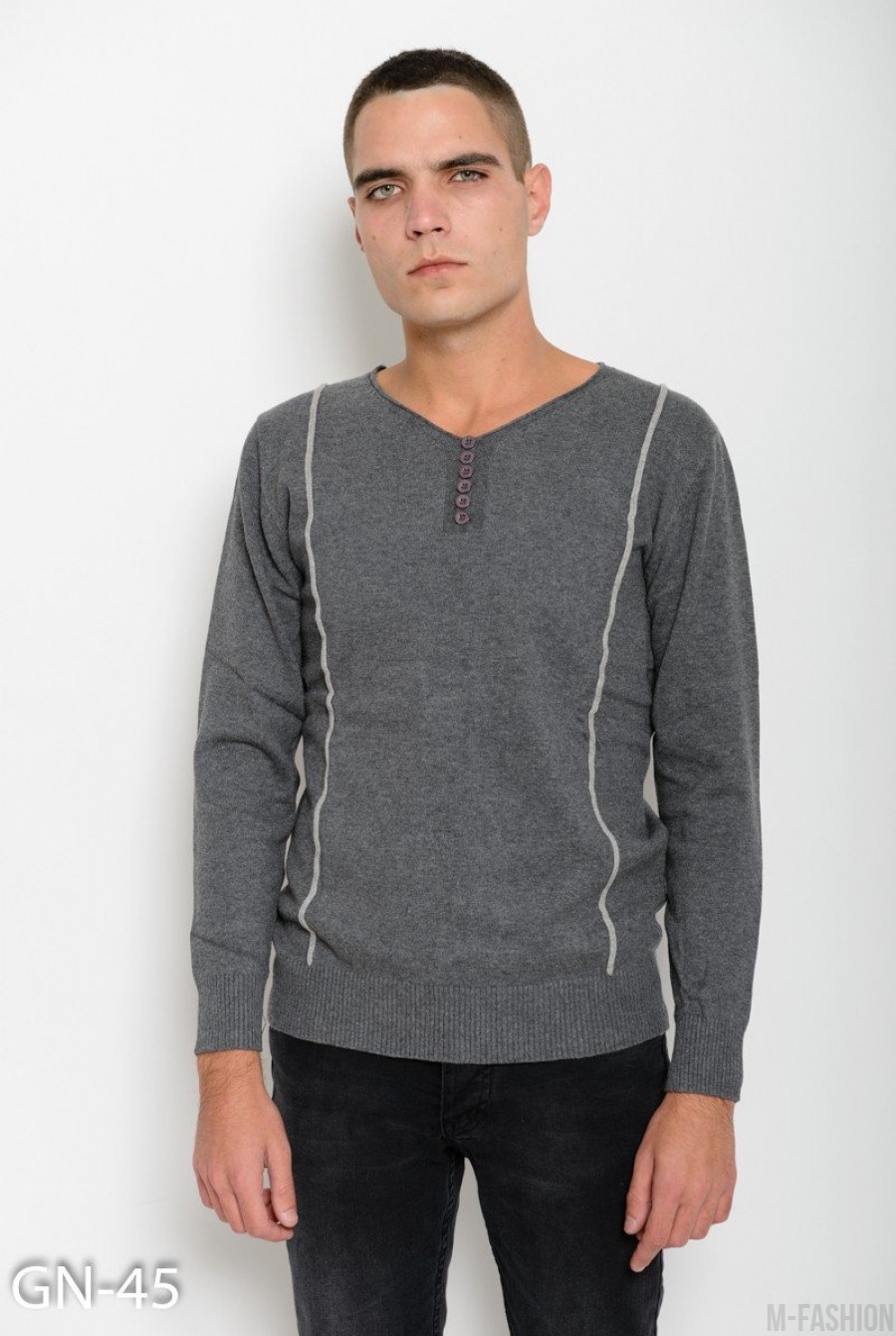 Серый шерстяной тонкий свитер с V-образной горловиной декорированной пуговицами - Фото 1
