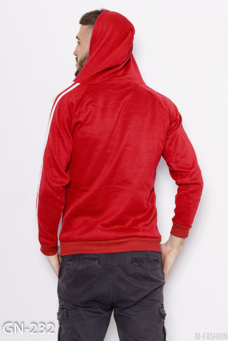 Красная толстовка на флисе с капюшоном и белыми полосатыми вставками на рукавах- Фото 5