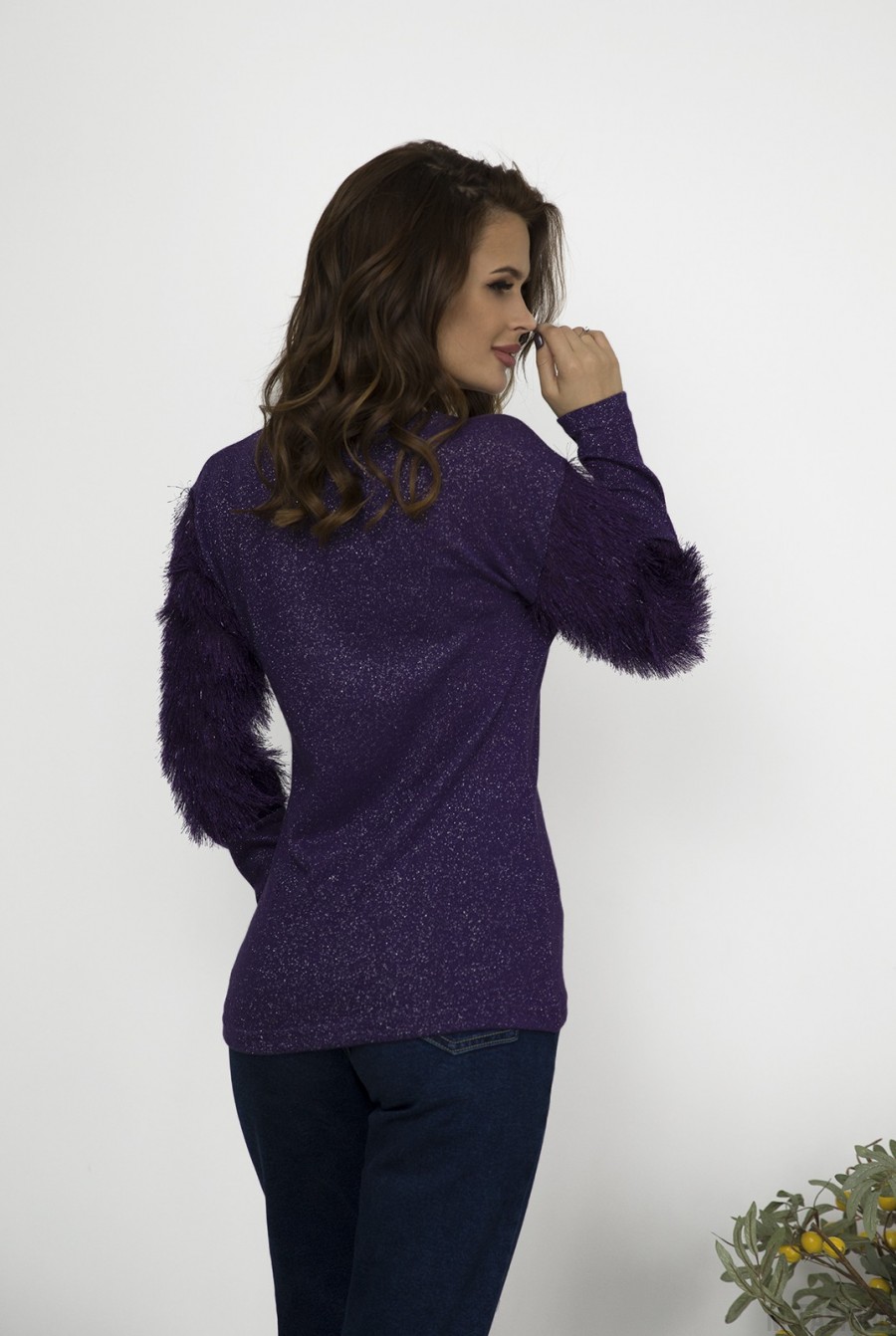 Фиолетовый нарядный свитер с люрексом и вставками- Фото 3