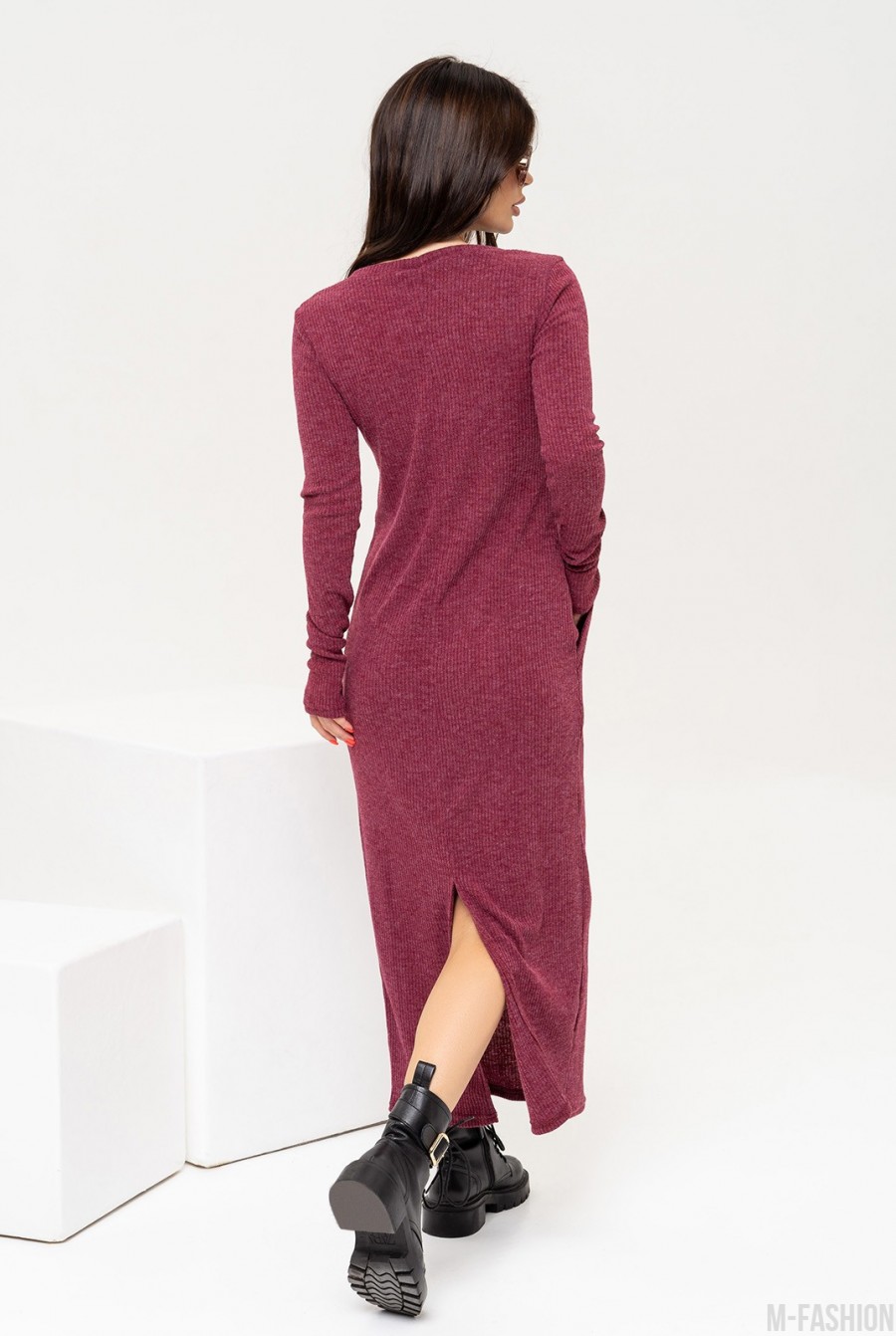 Бордовое меланжевое платье с карманами- Фото 3