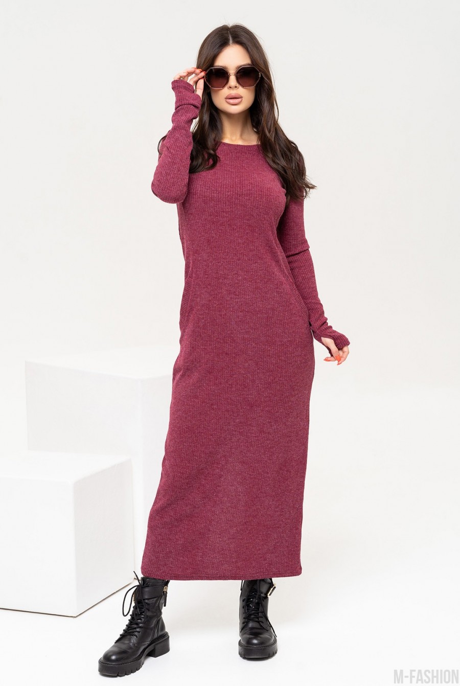 Бордовое меланжевое платье с карманами - Фото 1