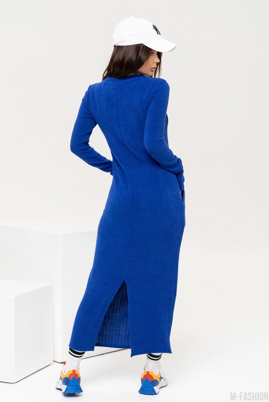 Синее ангоровое длинное платье с карманами- Фото 3