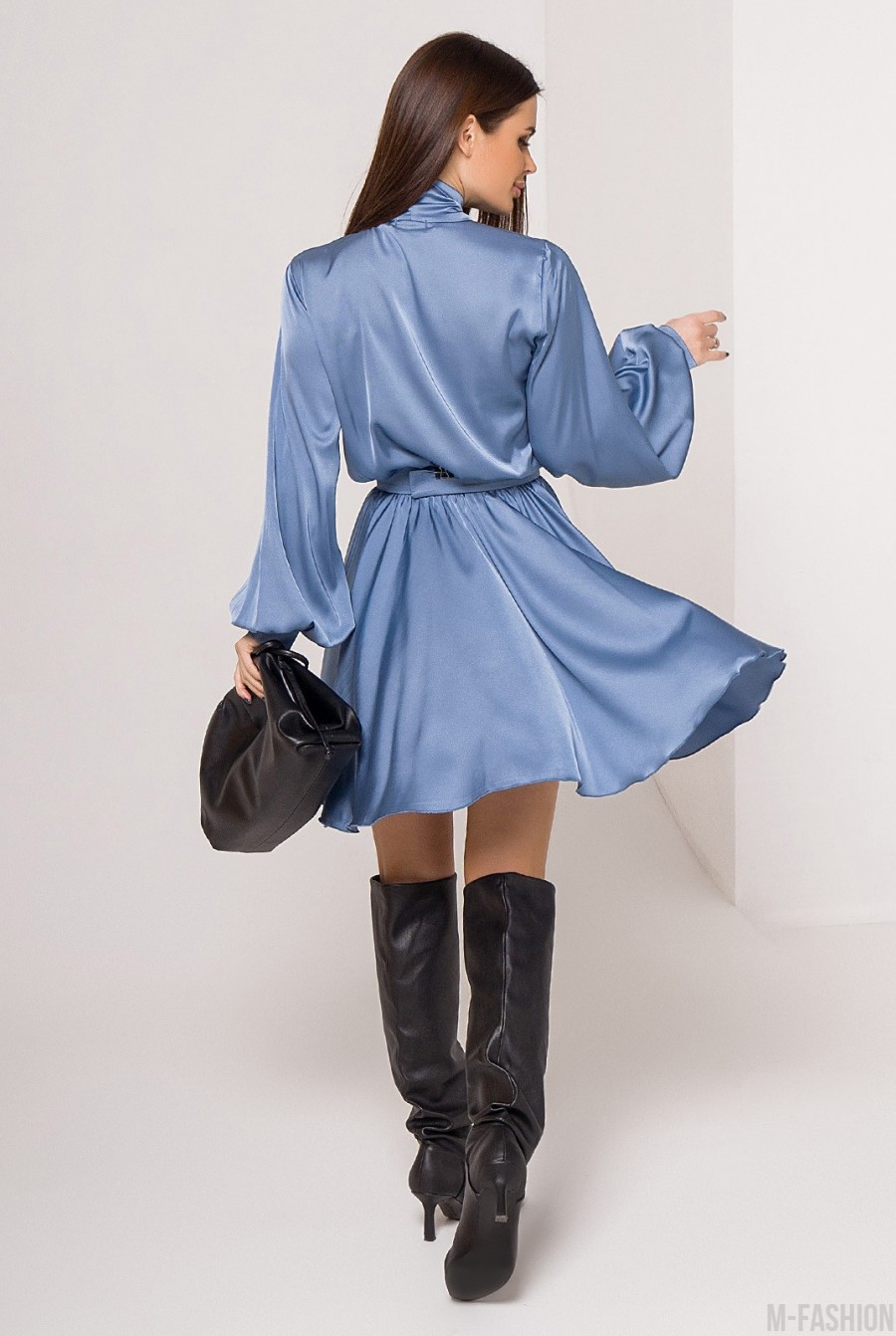 Голубое шелковое платье с бантом- Фото 3