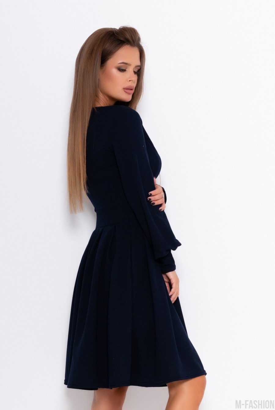Синее классическое платье с длинными рукавами- Фото 2