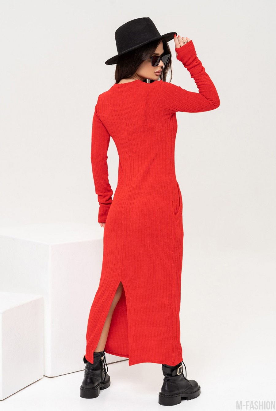 Красное ангоровое длинное платье с карманами- Фото 3