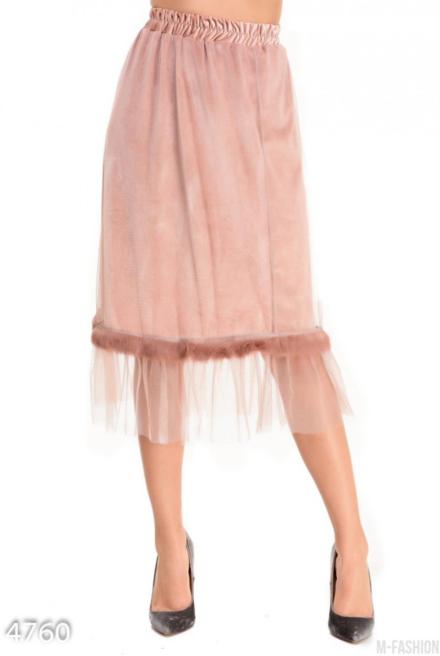 Розовая велюровая юбка с сеткой и полосой меха - Фото 1