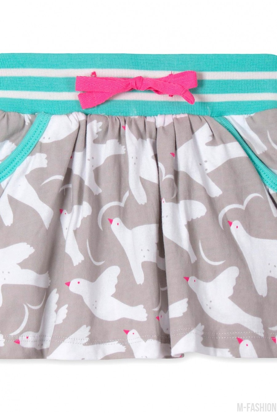 Котоновая серая юбка-шорты с бирюзовым широким поясом и карманами - Фото 1