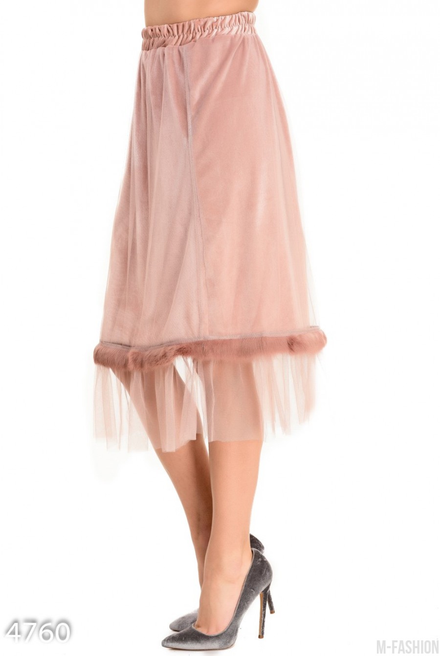 Розовая велюровая юбка с сеткой и полосой меха- Фото 2