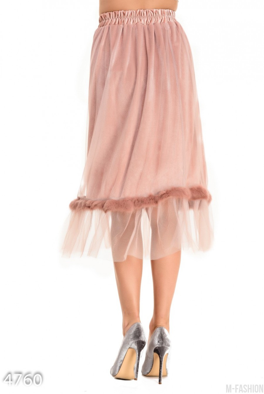 Розовая велюровая юбка с сеткой и полосой меха- Фото 3