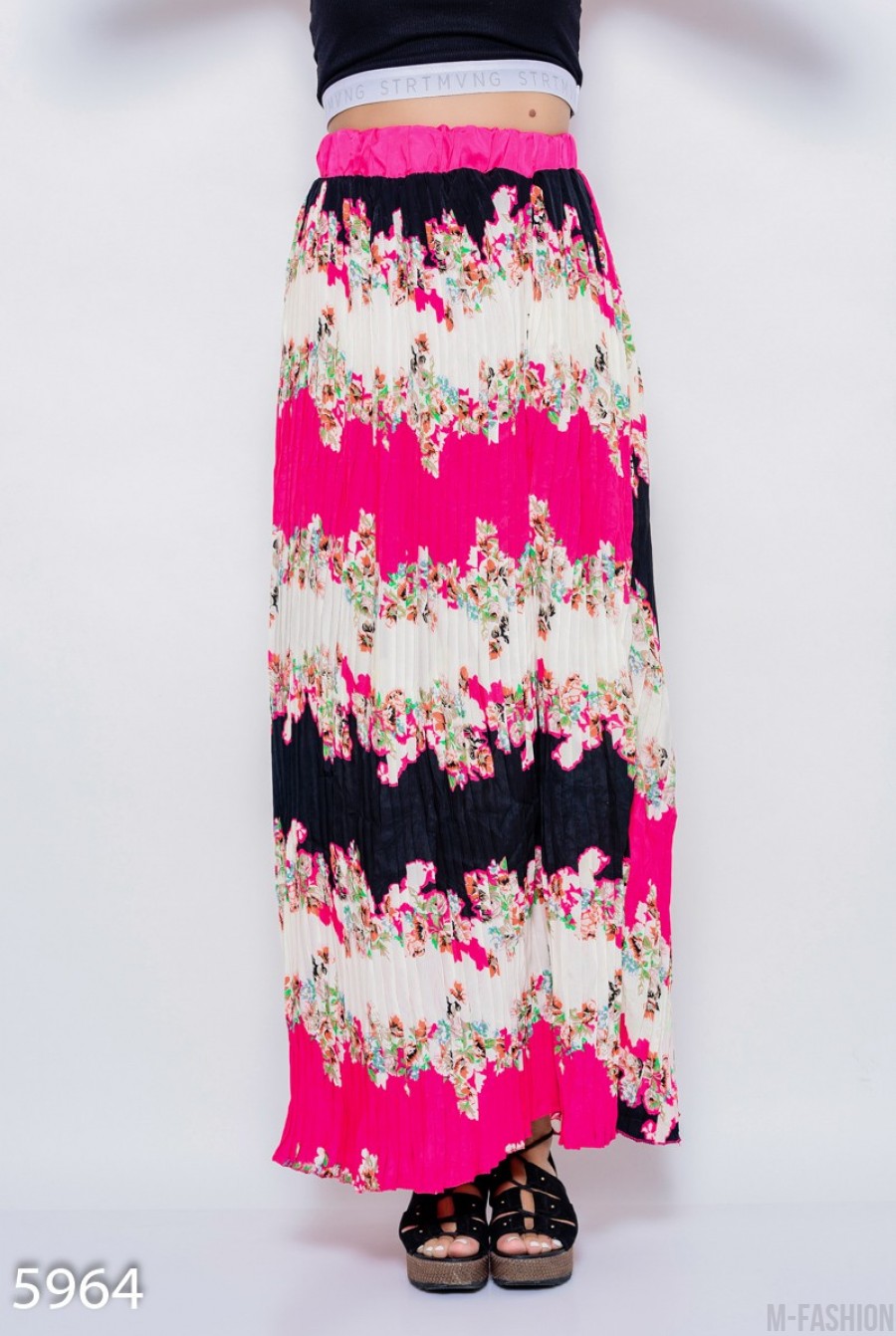 Малиновая плиссированная юбка в пол из шифона с эластичным поясом - Фото 1