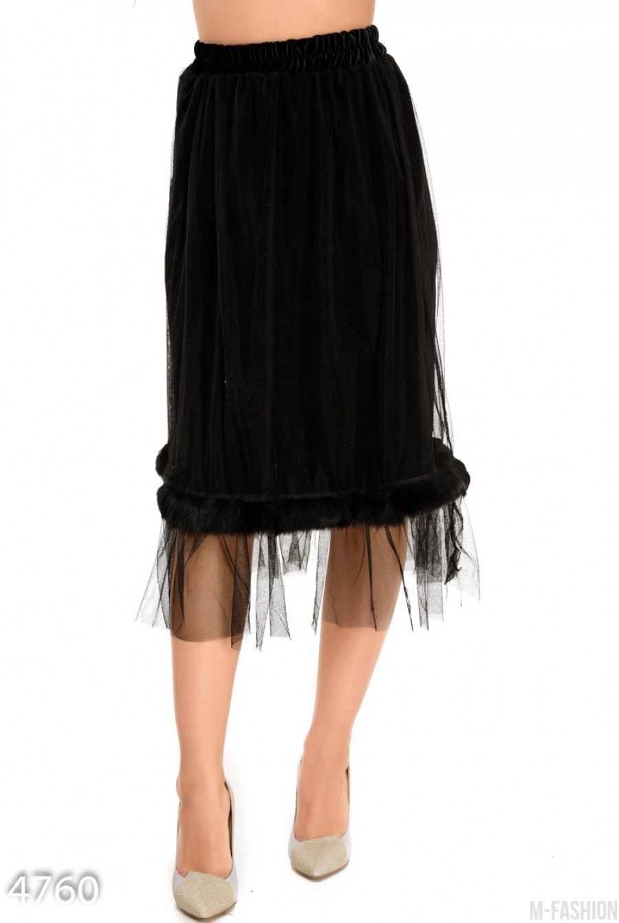 Черная велюровая юбка с сеткой и полосой меха - Фото 1