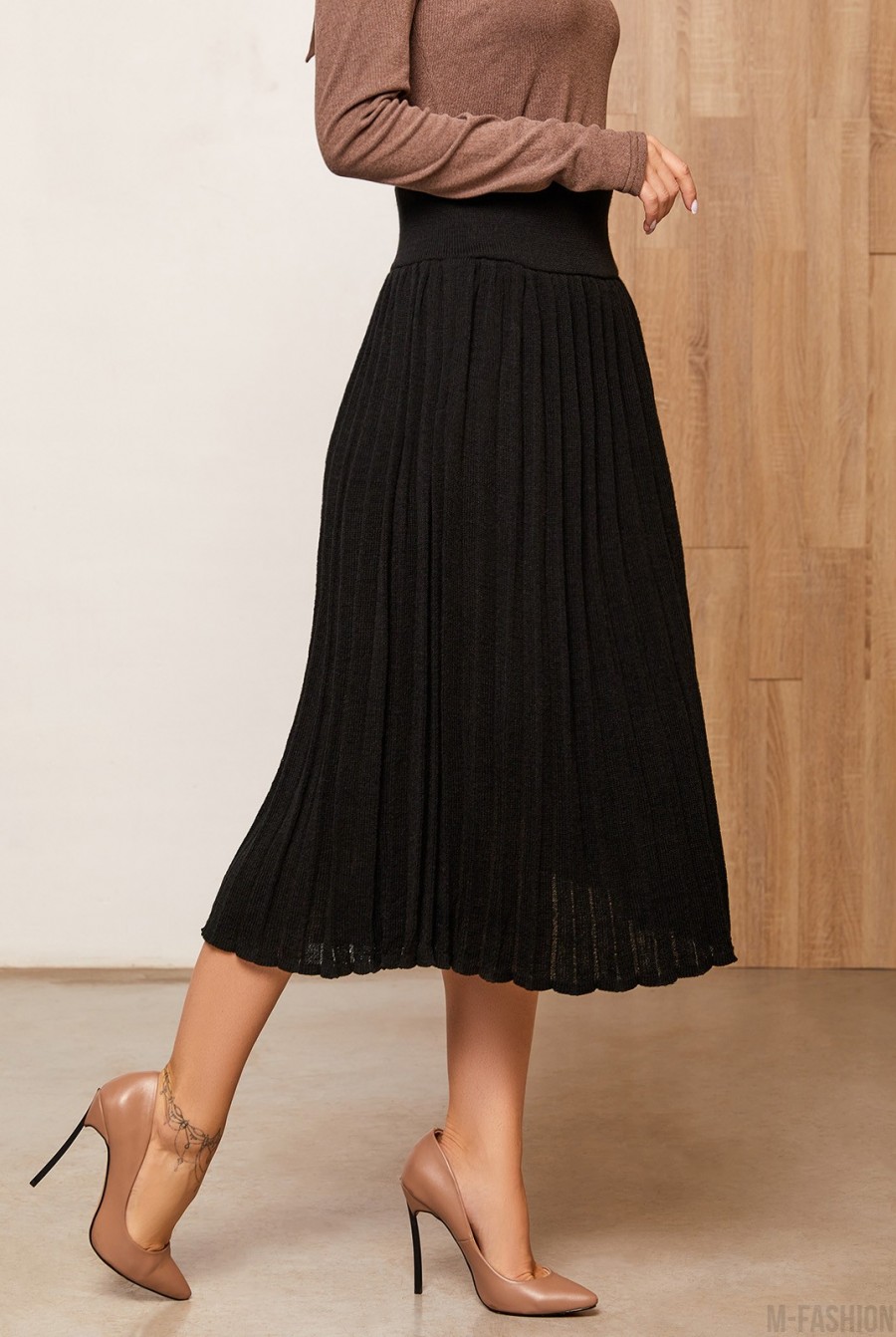 Черная шерстяная плиссированная юбка- Фото 2
