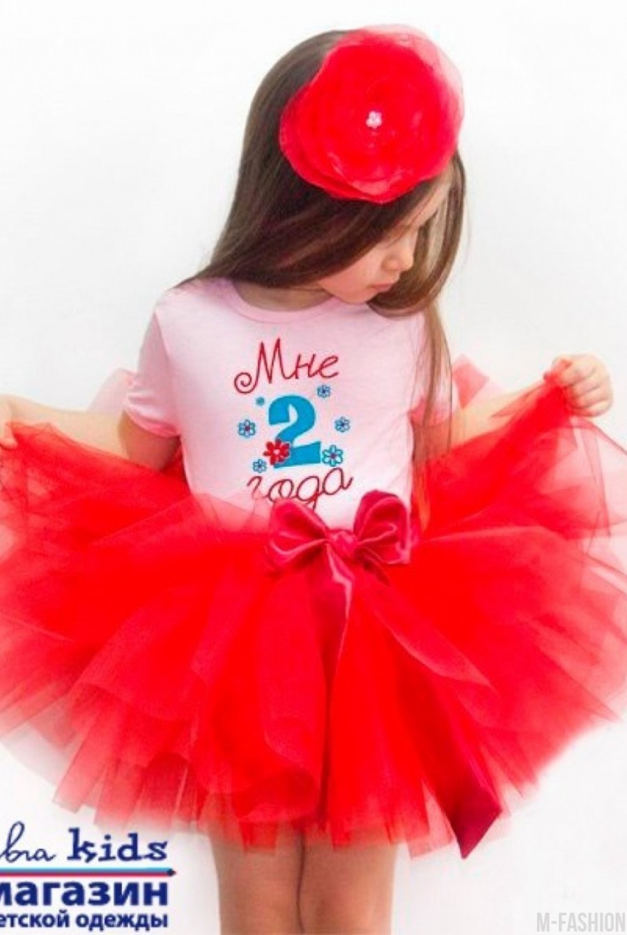 Красная пышная многослойная юбка-пачка из фатина с атласной лентой- Фото 5