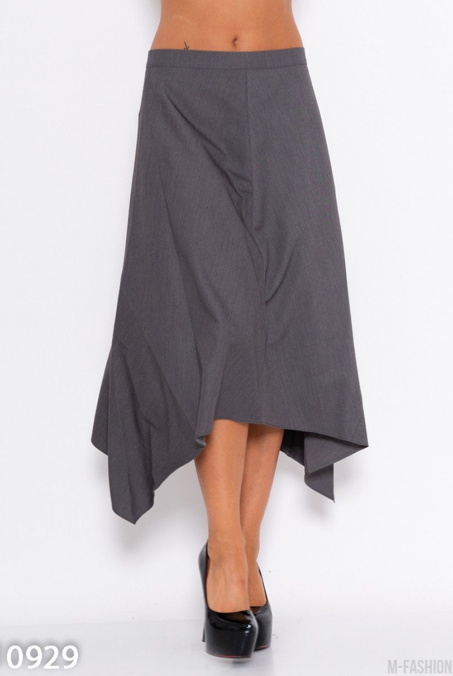 Расклешенная асимметричная юбка серого цвета - Фото 1