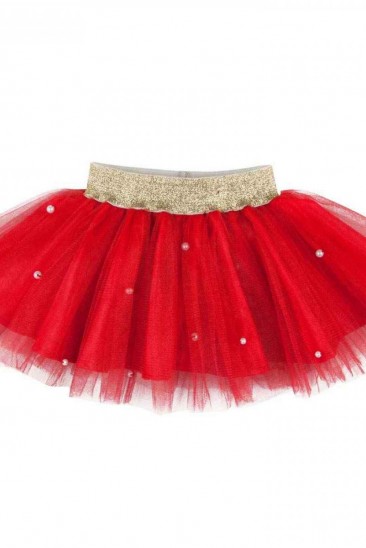 Красная пышная юбка из тафты и фатина с золотистым поясом