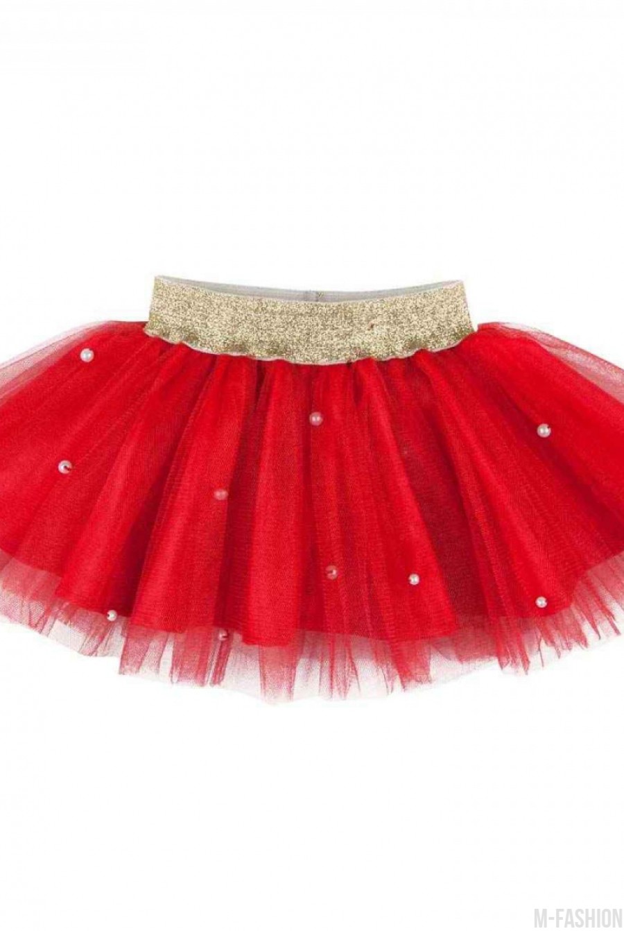 Красная пышная юбка из тафты и фатина с золотистым поясом - Фото 1