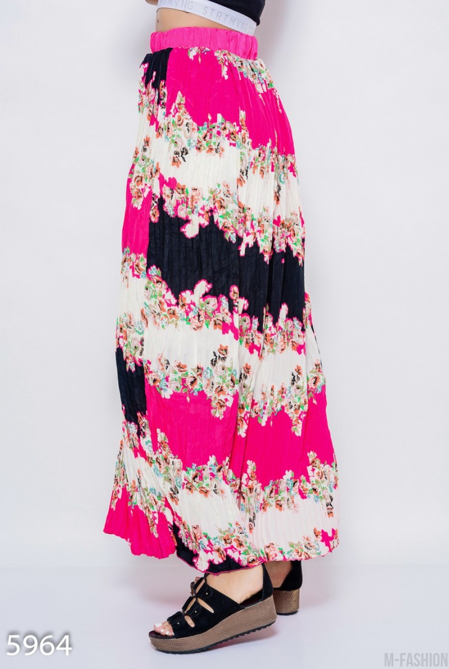 Малиновая плиссированная юбка в пол из шифона с эластичным поясом- Фото 2