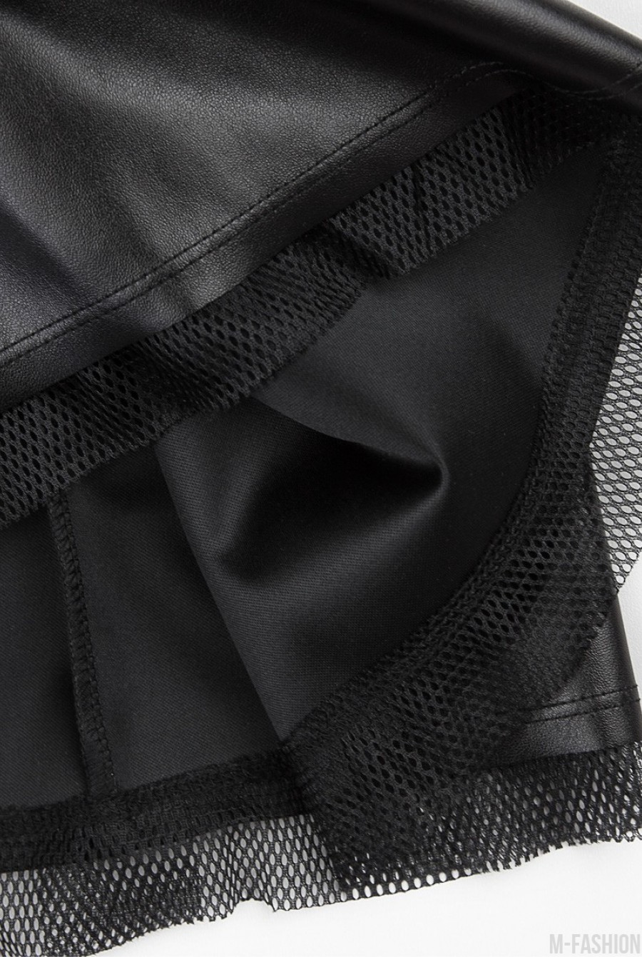 Черная юбка из эко-кожи с фатиновой отделкой- Фото 4