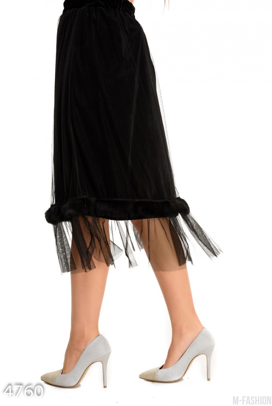 Черная велюровая юбка с сеткой и полосой меха- Фото 2