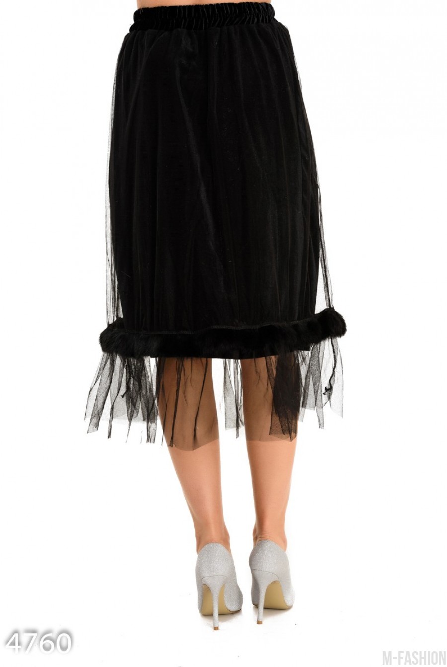 Черная велюровая юбка с сеткой и полосой меха- Фото 3