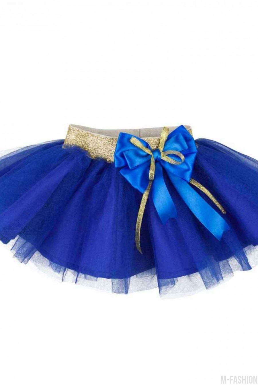 Пышная синяя юбка из тафты с фатином и золотым поясом с бантом - Фото 1