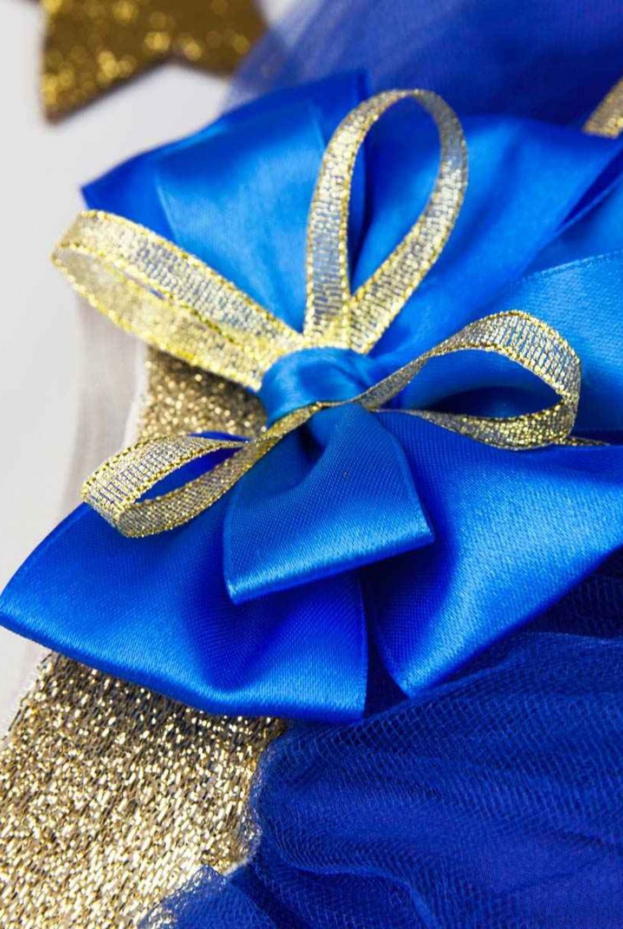 Пышная синяя юбка из тафты с фатином и золотым поясом с бантом- Фото 2