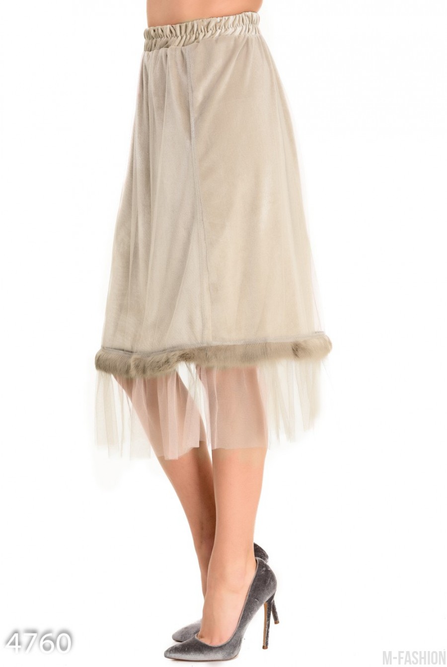 Бежевая велюровая юбка с сеткой и полосой меха- Фото 3
