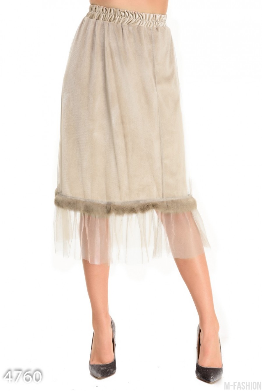Бежевая велюровая юбка с сеткой и полосой меха - Фото 1