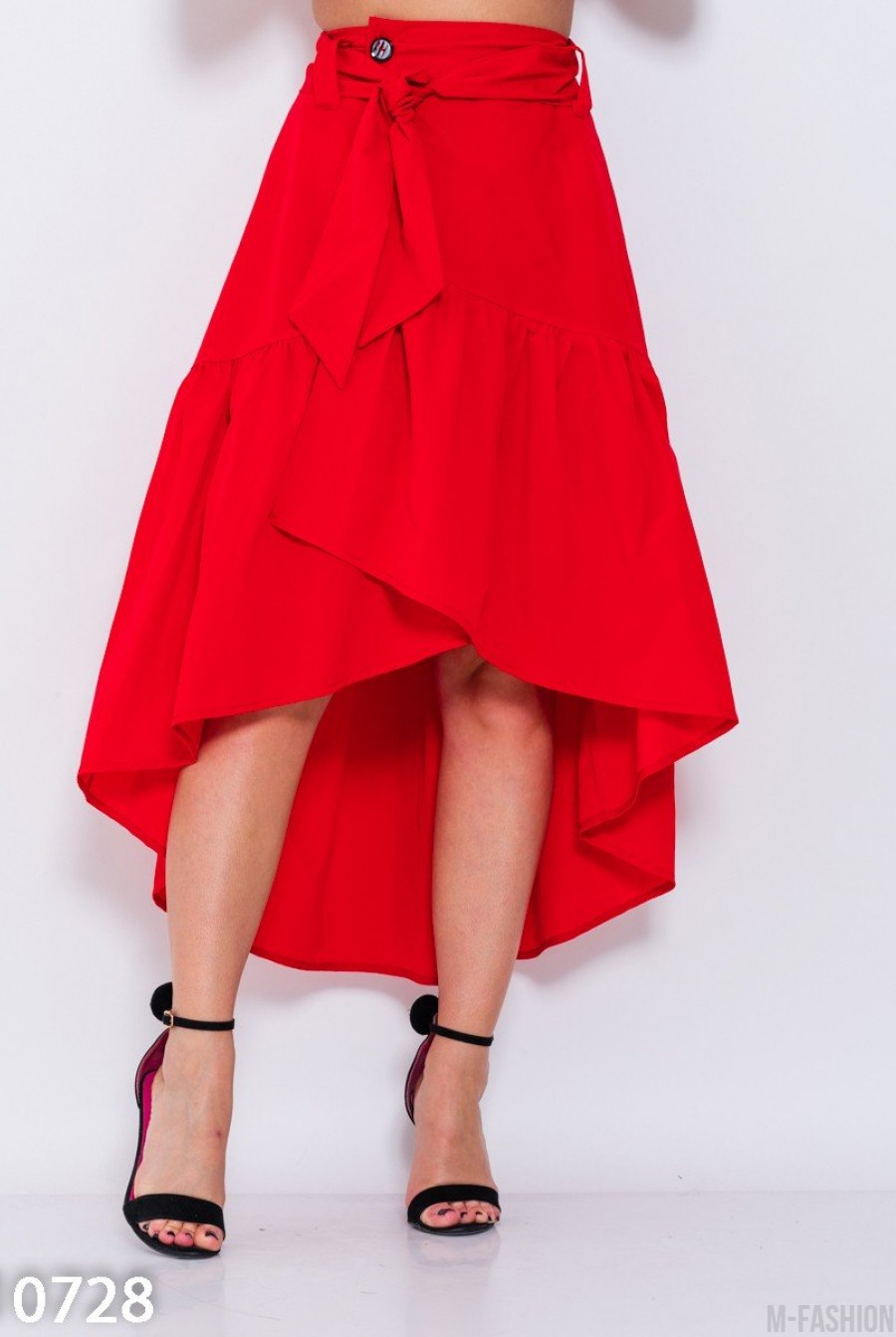 Красная асимметричная оригинальная юбка на запах - Фото 1