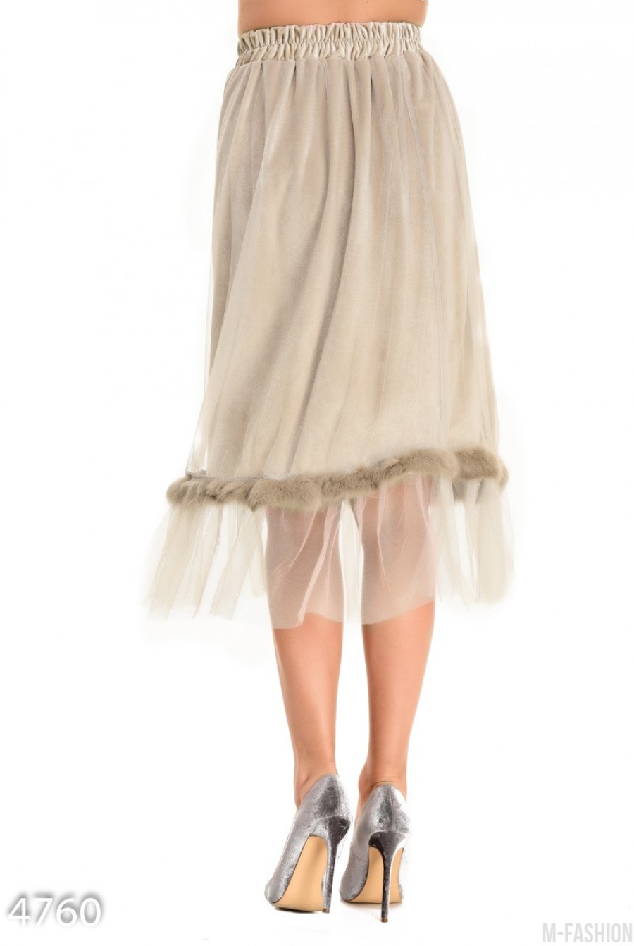 Бежевая велюровая юбка с сеткой и полосой меха- Фото 4