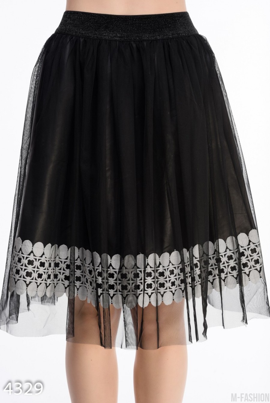 Пышная черная юбка с белым кружевом и фатиновым верхом - Фото 1